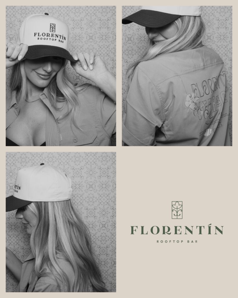 Florentín cap and anniversary shirt in a black-and-white photo booth.